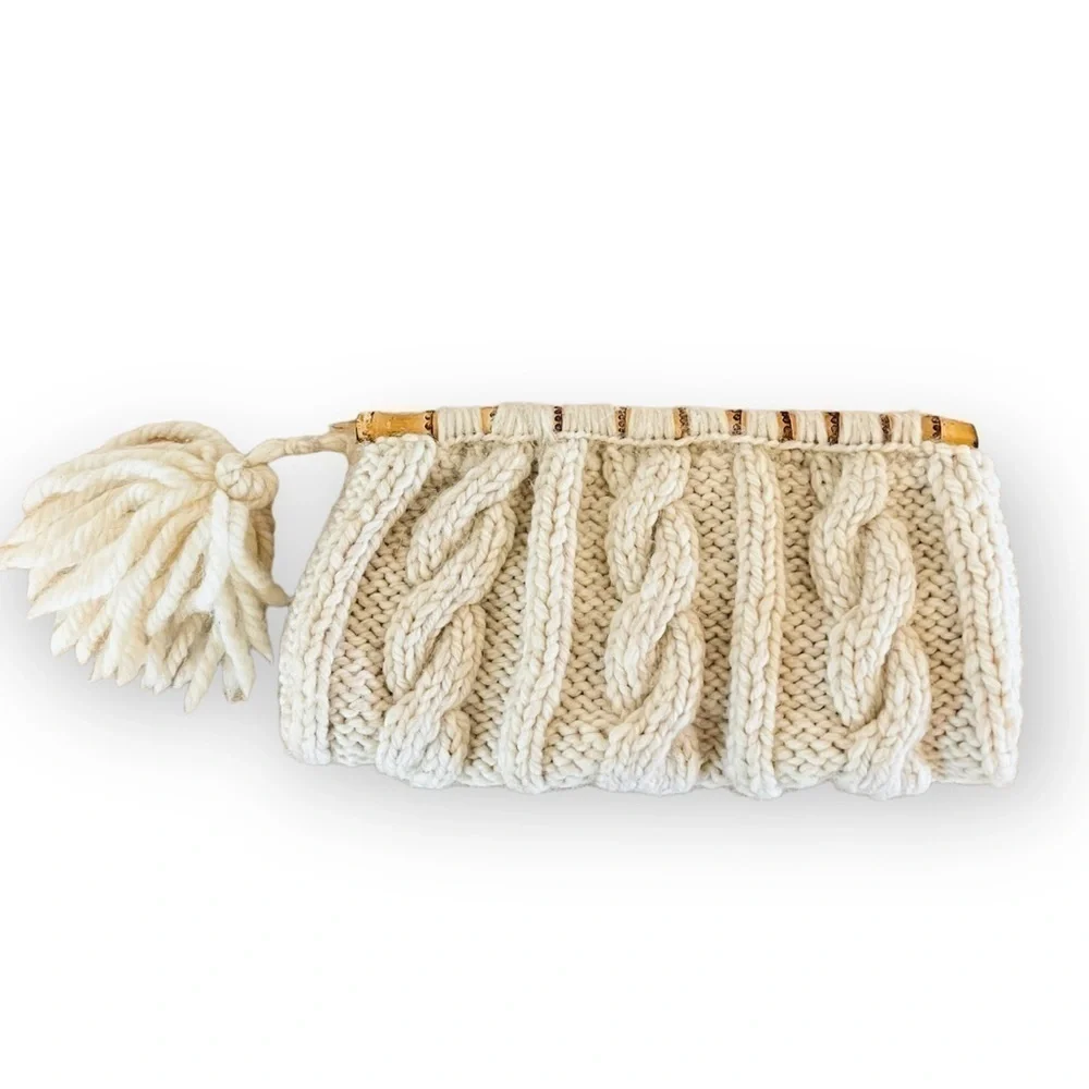 Handmade Wool Cableknit Sweater Bamboo Handle Tassle Clutch Bag Ivory